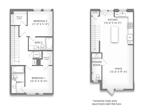 Floor plan for 2 beds, 2.5 baths, 1346 sqft